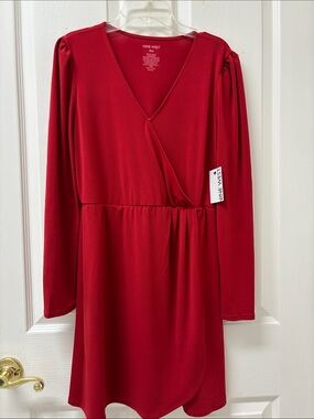 Nine West Red V-Neck Long Sleeve Dress
